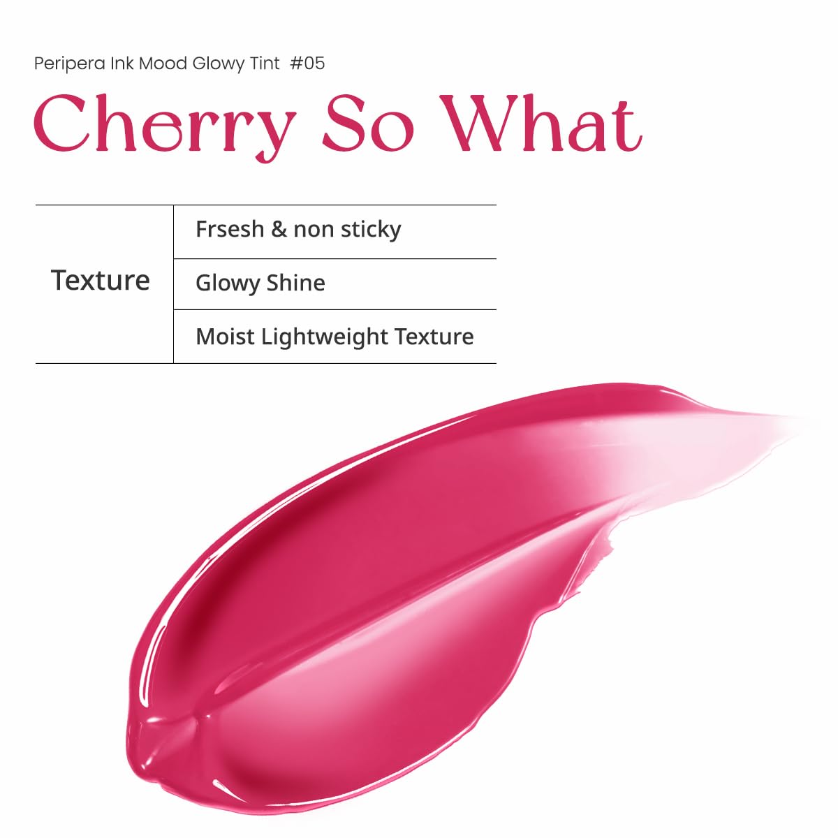 Peripera on-lips closeup showing cherry tint and luminous plumping effect