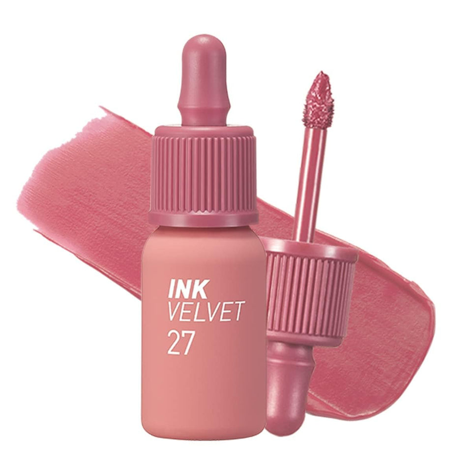 Peripera front view showing product tube and strawberry nude shade benefit longwear