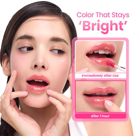 Peripera on lips in use closeup showing dewy glow and comfortable wear