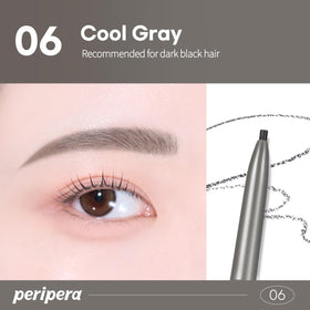 Peripera pencil beside coin showing compact size and travel-friendly convenience