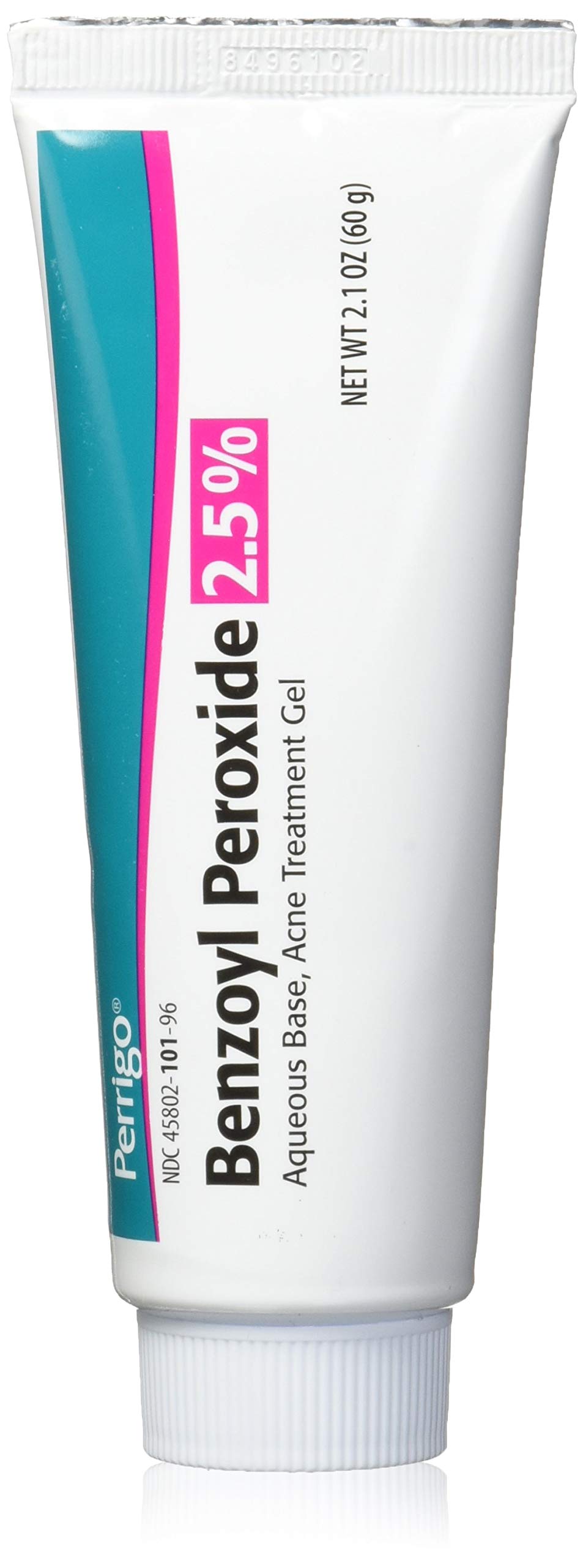 Perrigo 2.5% gel front packaging showing tube and label, helps targeted blemish treatment