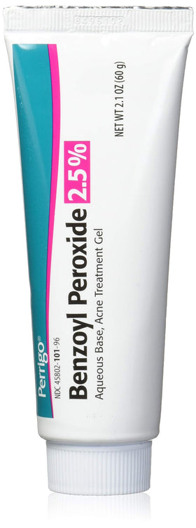 Perrigo 2.5% gel front packaging showing tube and label, helps targeted blemish treatment