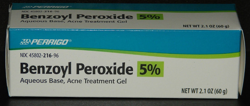 Perrigo 5% benzoyl peroxide gel tube front view shows compact packaging for effective acne care