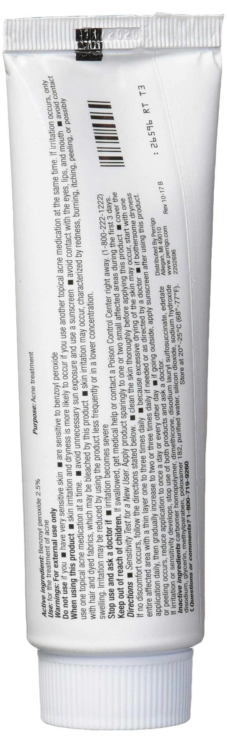 Perrigo benzoyl peroxide gel texture close-up, clear formula shows gentle application