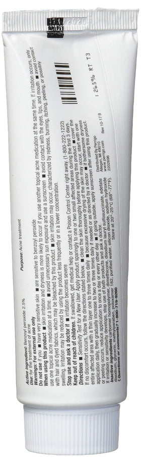 Perrigo benzoyl peroxide gel texture close-up, clear formula shows gentle application