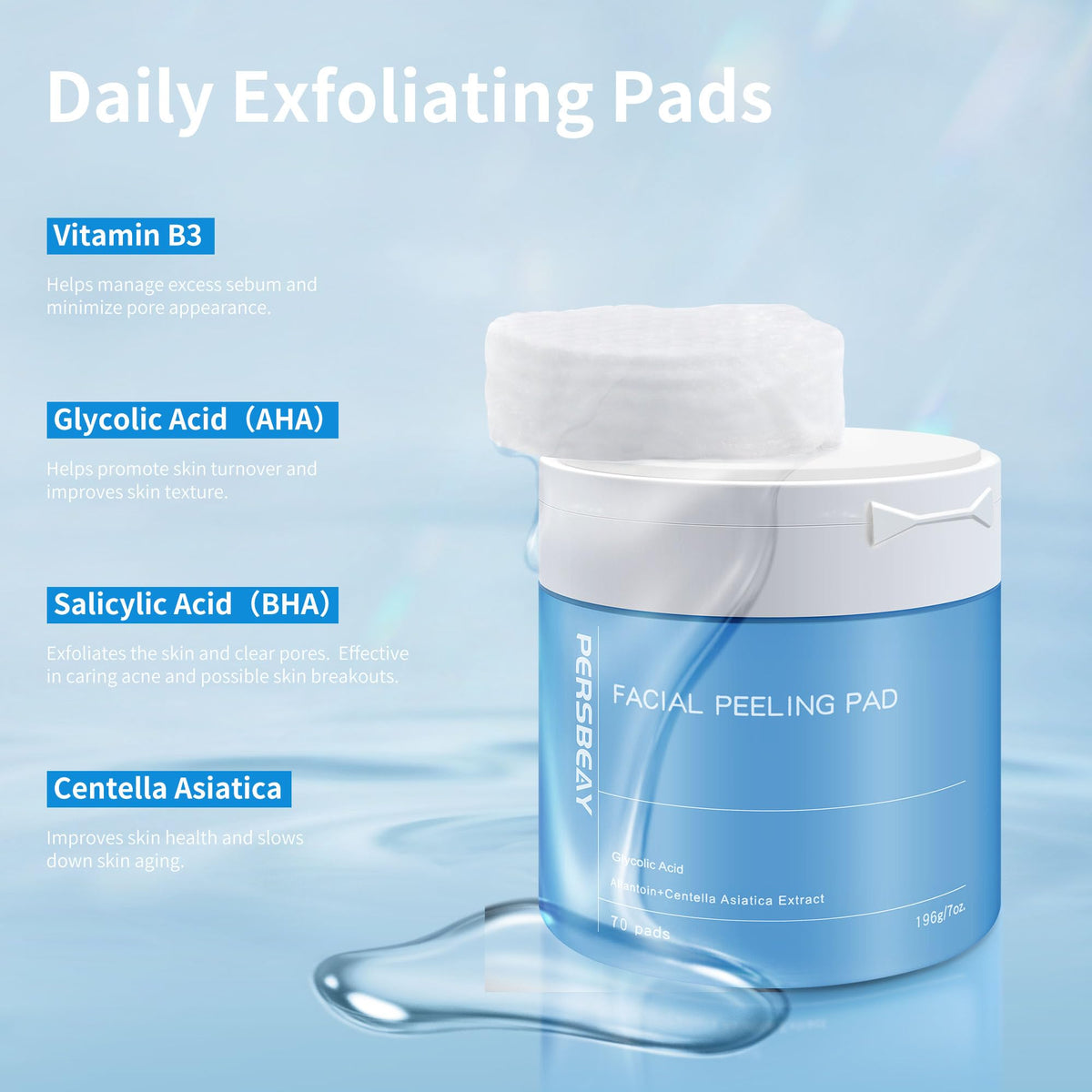 Persbeay pad saturated with exfoliating solution to deliver AHA and BHA benefits