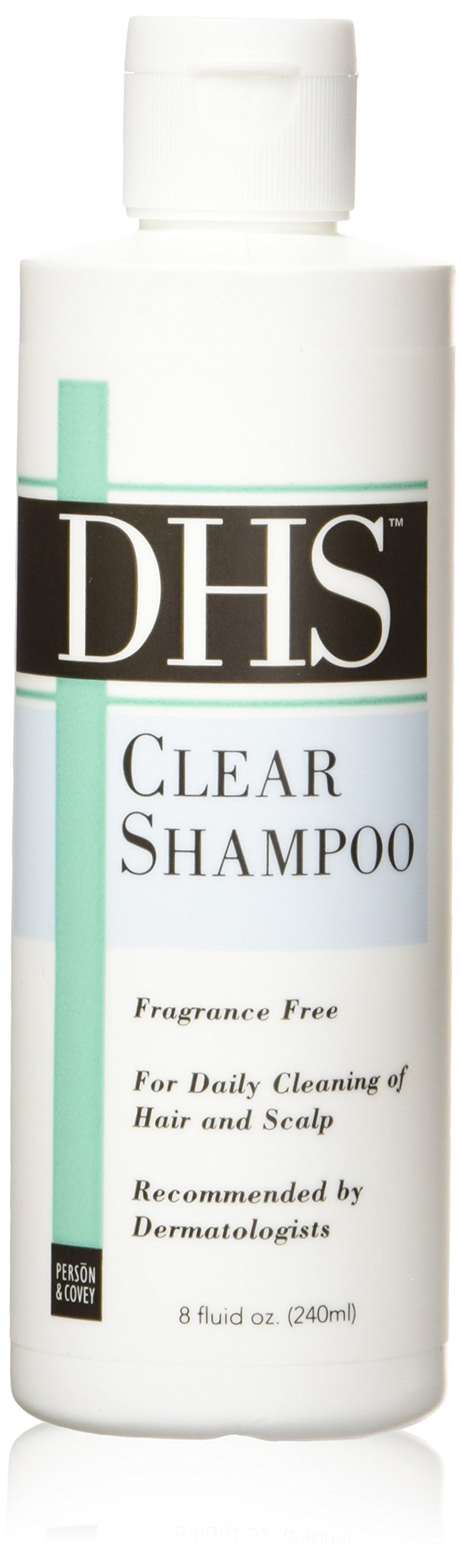Person & Covey DHS clear shampoo front bottle showing label and easy-use benefit