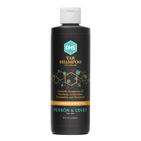 Person & Covey front packaging showing 8 ounce therapeutic tar shampoo benefit