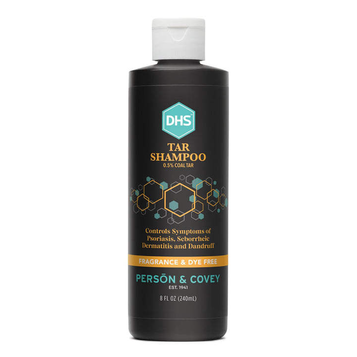 Person & Covey front packaging showing 8 ounce therapeutic tar shampoo benefit