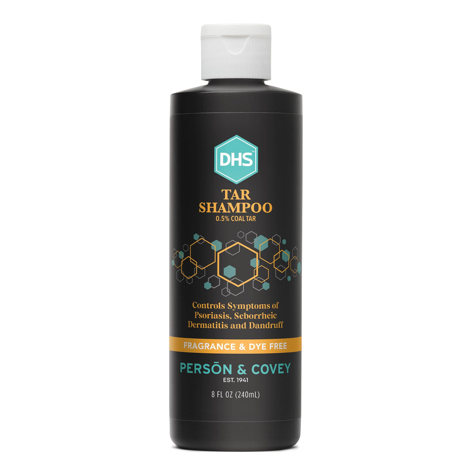 Person & Covey front packaging showing 8 ounce therapeutic tar shampoo benefit