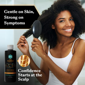 Person & Covey shampoo in bathroom lifestyle setting showing daily-use benefit
