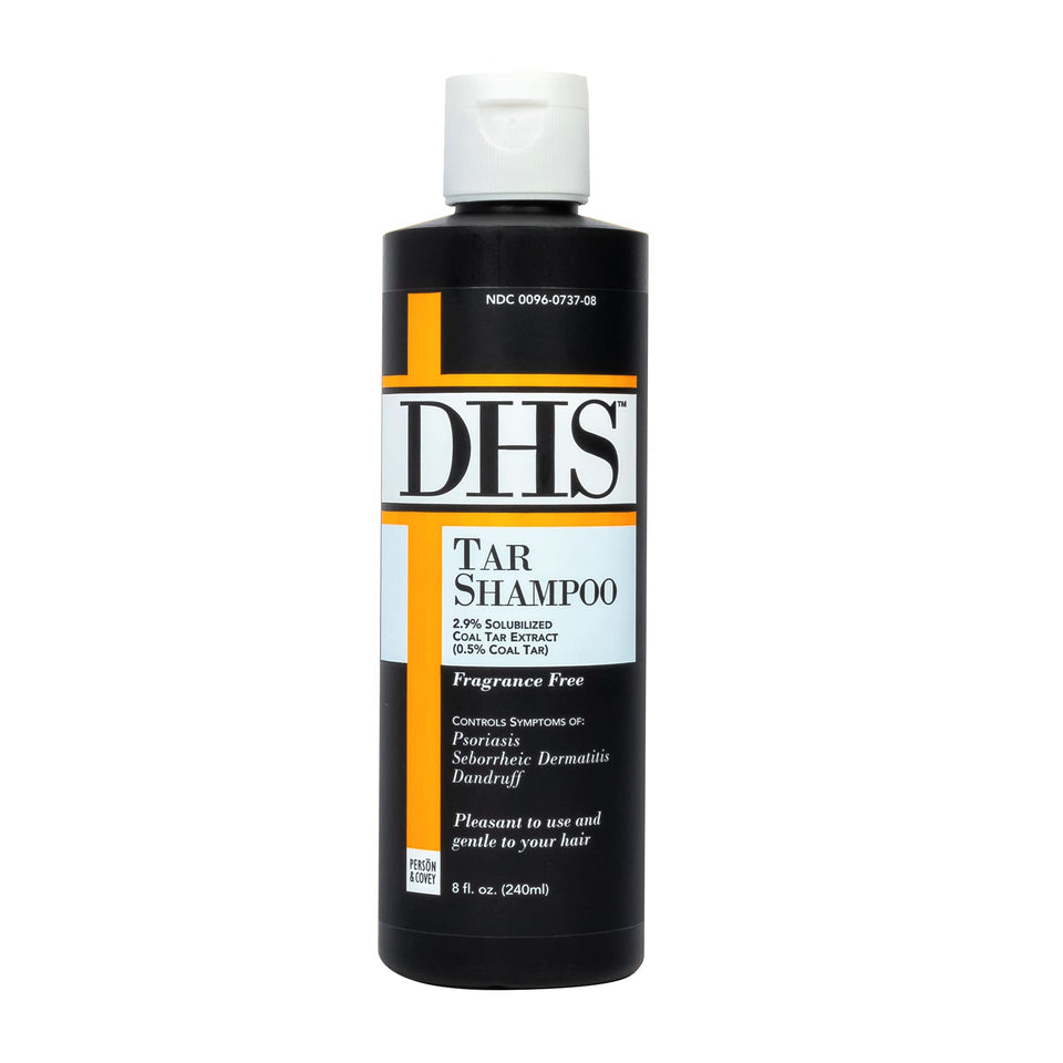 Person & Covey DHS Tar Shampoo front bottle shows clear product identity and travel size benefit