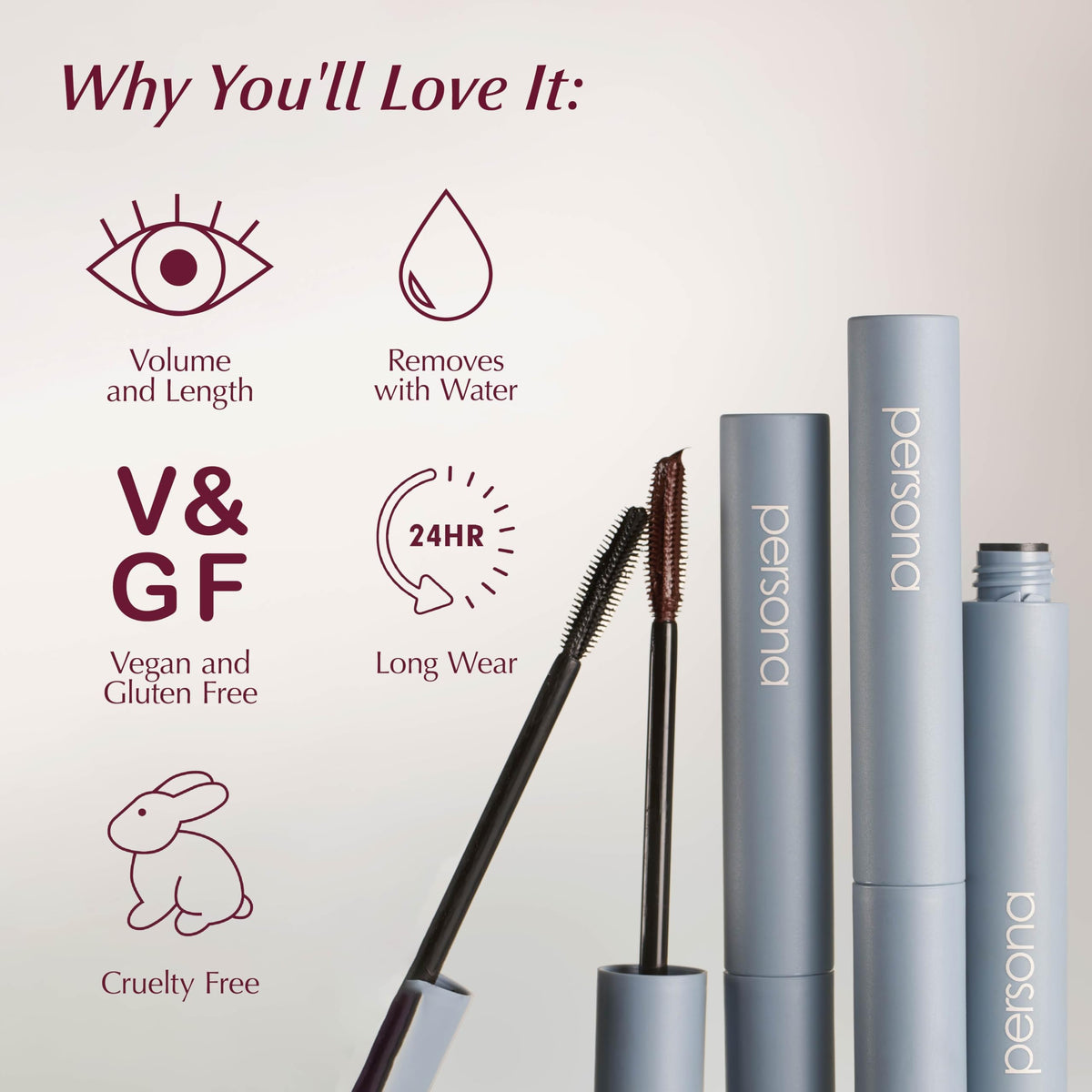 PERSONA mascara tube held in hand to show 0.33 fl oz scale