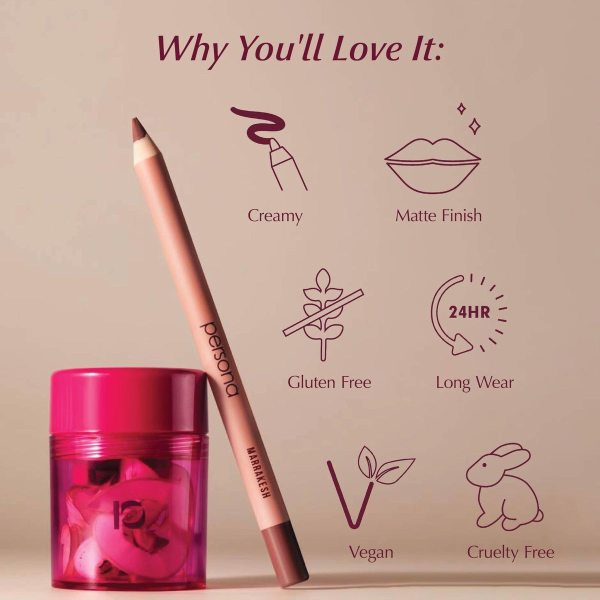 PERSONA pencil packaging label showing vegan and made-in-USA benefit