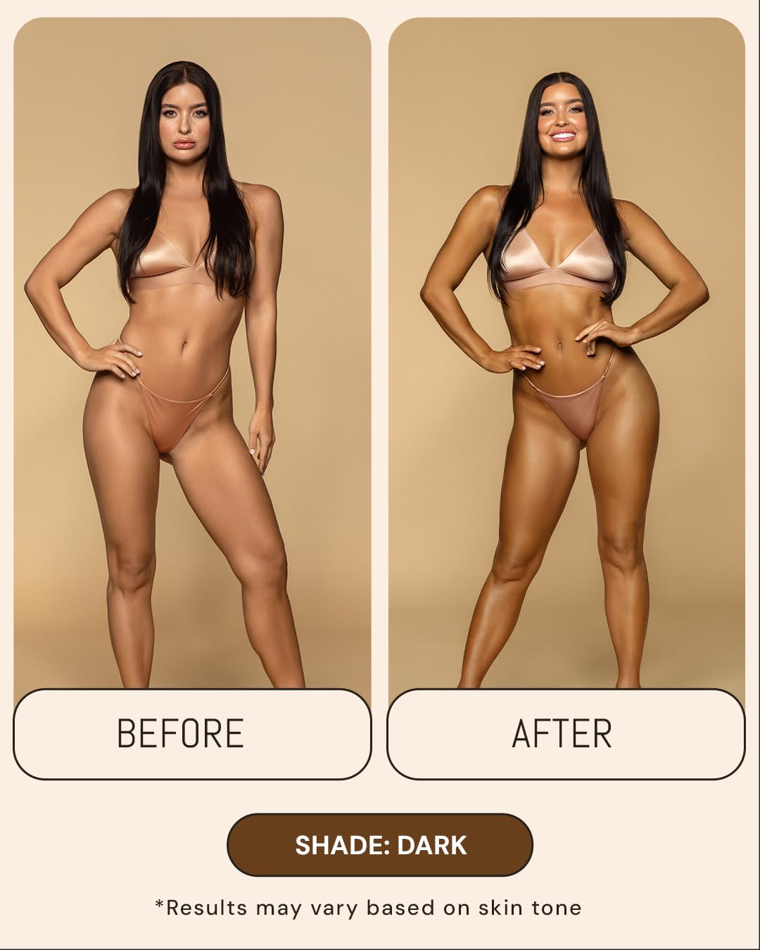 Peta Jane before and after leg comparison showing natural dark tan
