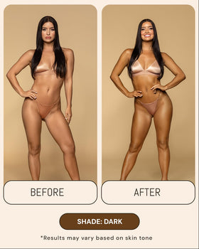 Peta Jane before and after leg comparison showing natural dark tan