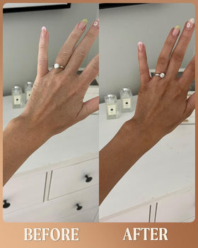PETAJANE bottle beside hand for size reference and portion control benefit