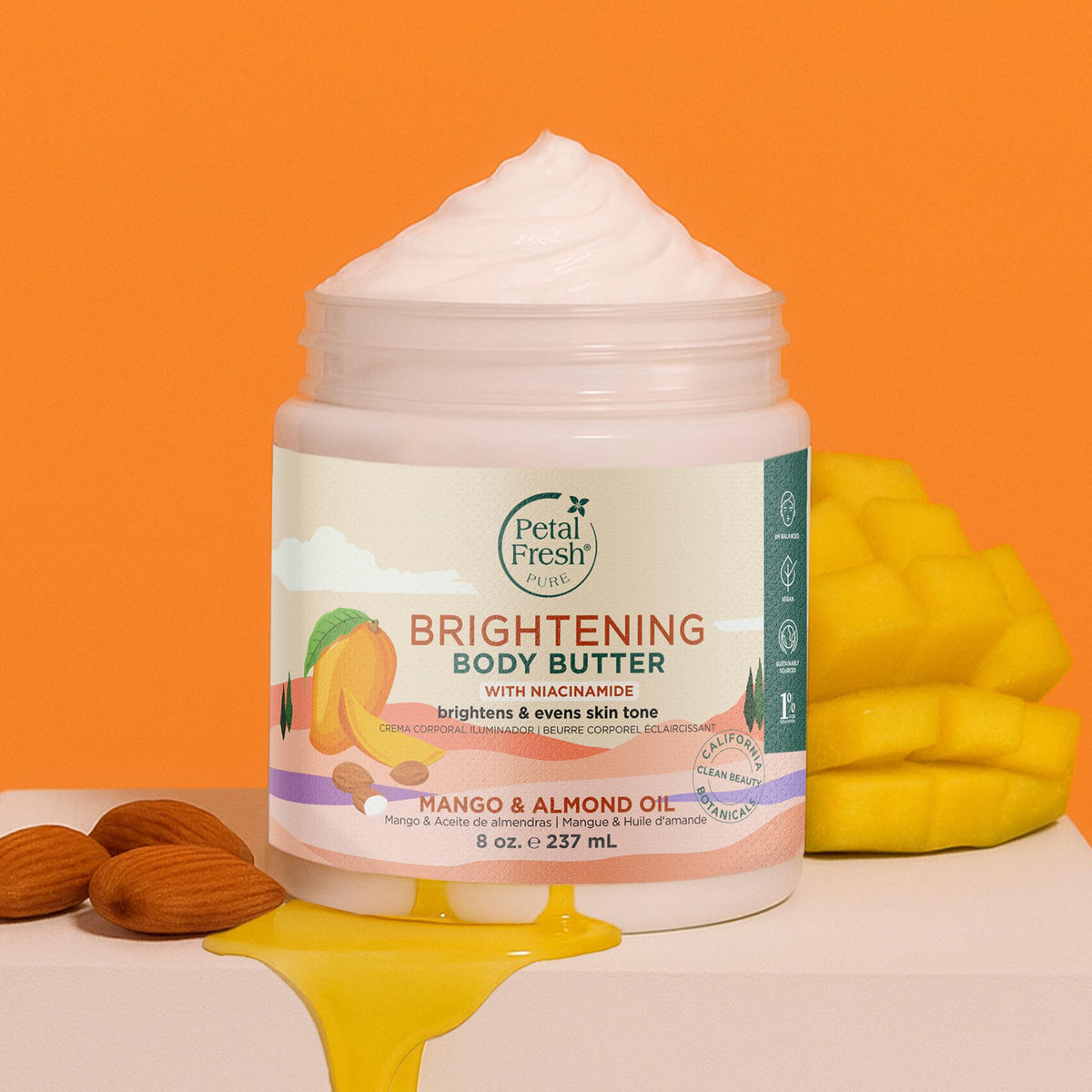 Petal Fresh mango and almond ingredients highlighting antioxidant and nourishing benefits