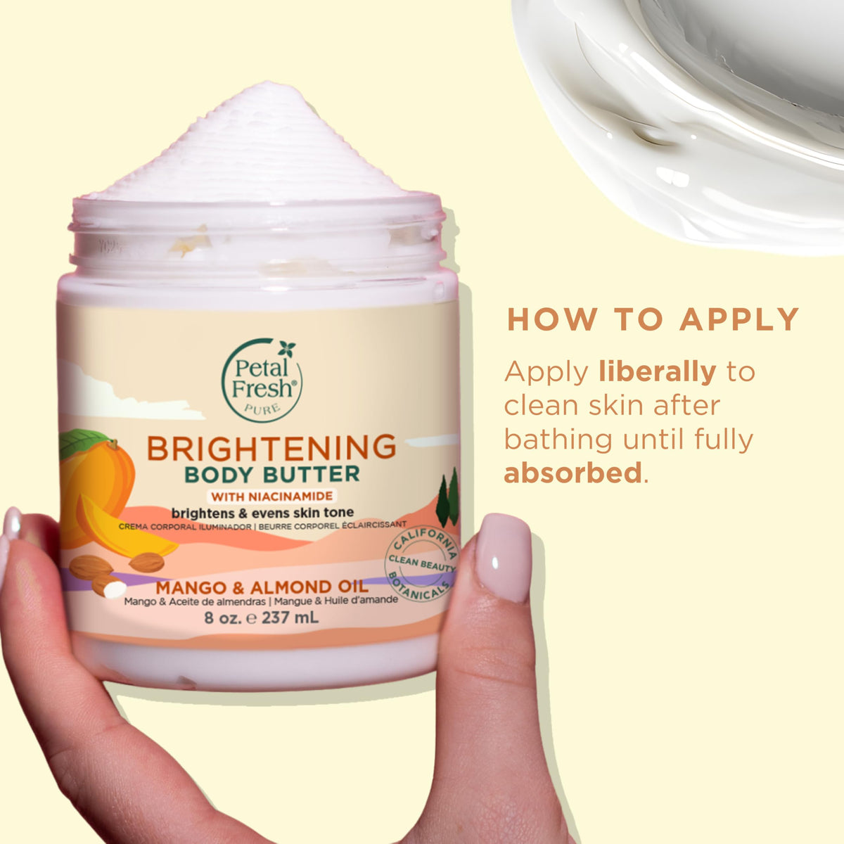 Petal Fresh label close-up showing niacinamide and shea for brighter, smoother skin