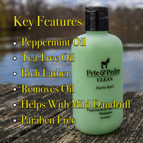 Pete & Pedro Clean shampoo label close-up highlighting tea tree ingredients