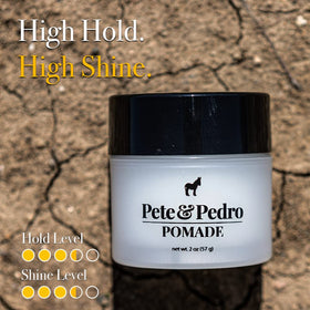 Pete & Pedro pomade open jar showing glossy product and high-shine result benefit