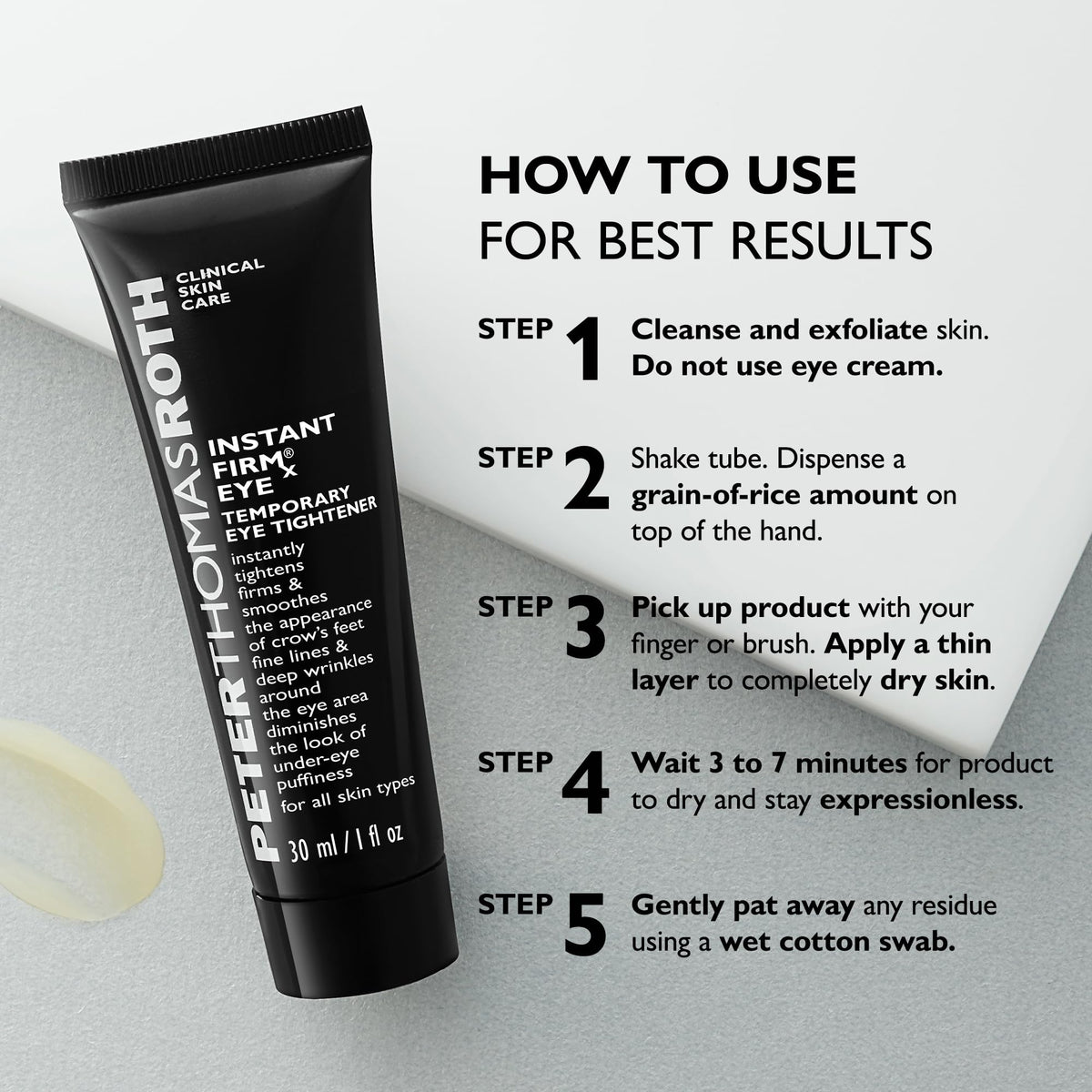 Peter Thomas Roth size scale with hand conveys compact travel-ready tube and portability