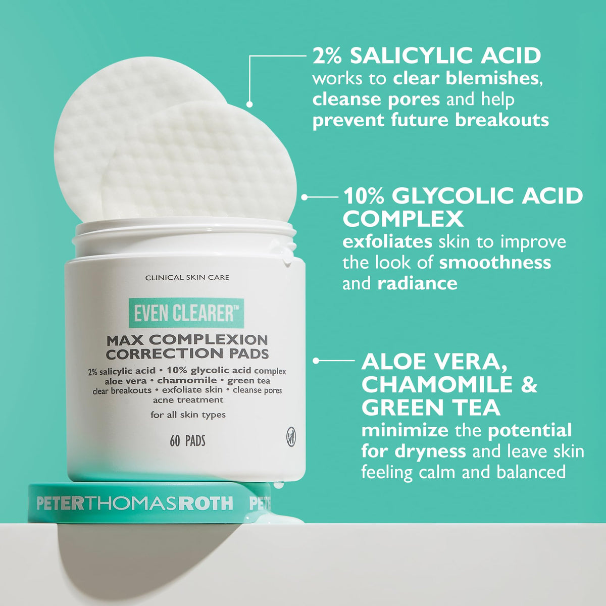 Peter Thomas Roth pads beside bottle label showing active ingredients
