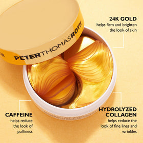 Peter Thomas Roth patch applied under model eye showing immediate cooling benefit