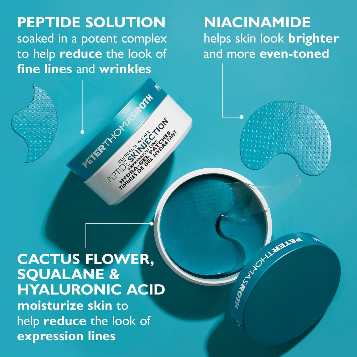 Peter Thomas Roth patch applied under eye demonstrating smoothing and hydration benefit