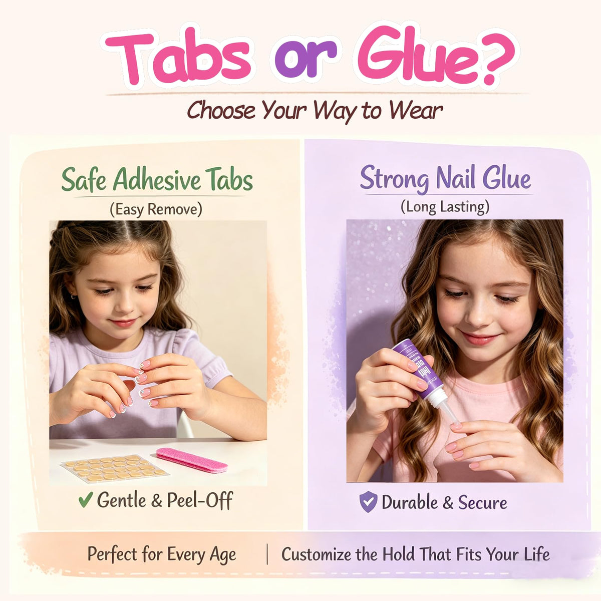 PGELXON adhesive tabs being applied on a child's nail for easy, glue-free wear