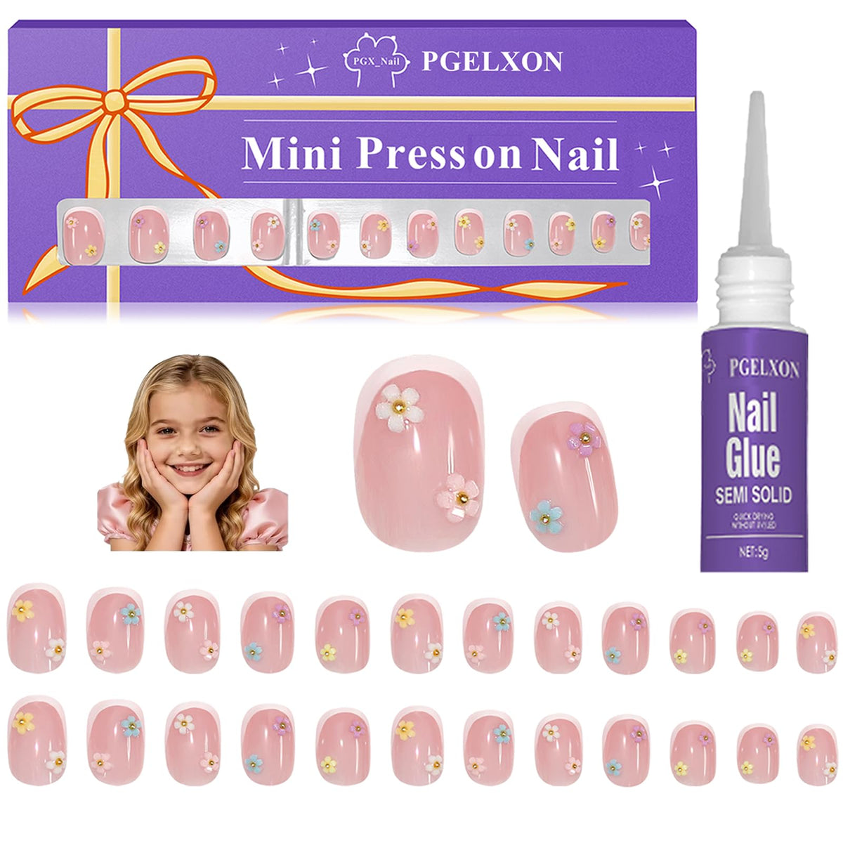PGELXON front packaging shows complete kids press-on nail kit benefit quick setup