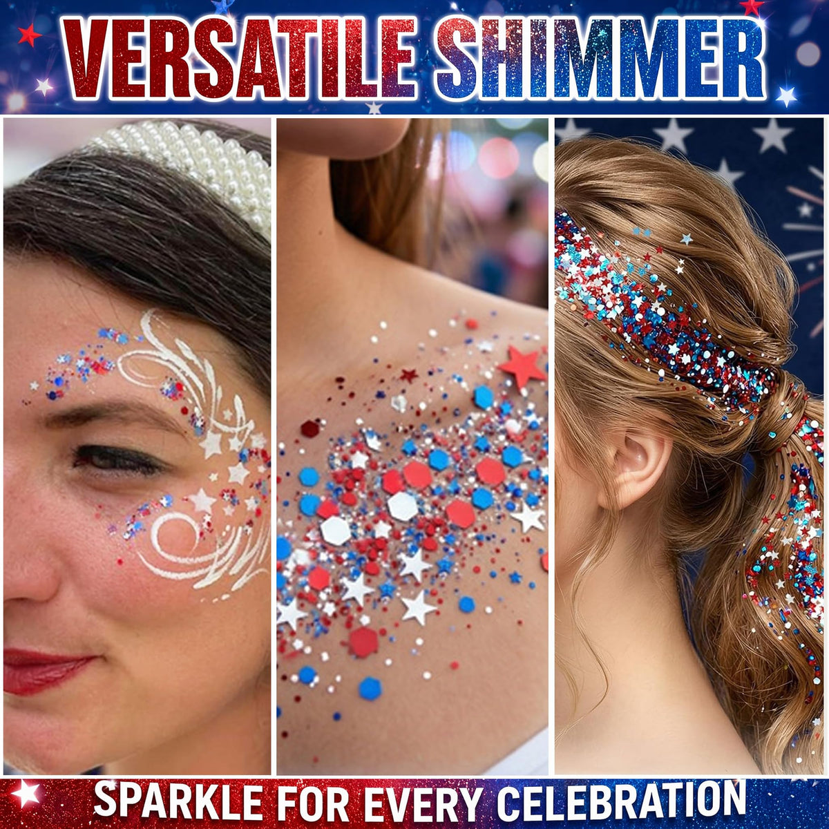 Phanund glitter hair streak detail showing red white blue shine and vibrant accent
