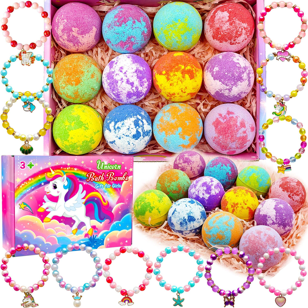Phaorui front-pack image showing colorful unicorn bath bombs and bracelets inside benefits surprise