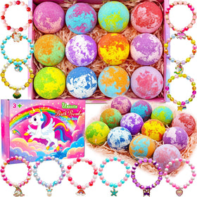 Phaorui front-pack image showing colorful unicorn bath bombs and bracelets inside benefits surprise