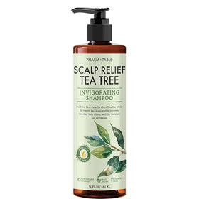 PHARM TO TABLE front bottle showing tea tree shampoo label and calming scent benefit