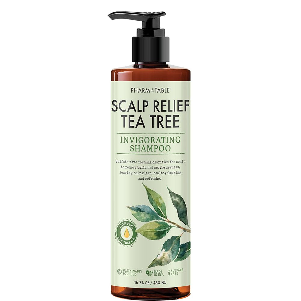 PHARM TO TABLE front bottle showing tea tree shampoo label and calming scent benefit