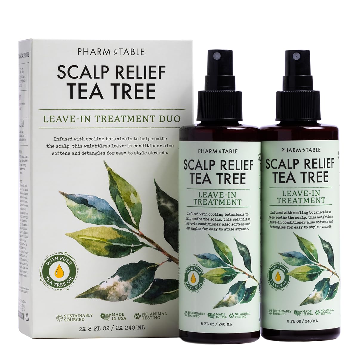 PHARM TO TABLE front packaging showing tea tree spray and two bottles for convenient supply