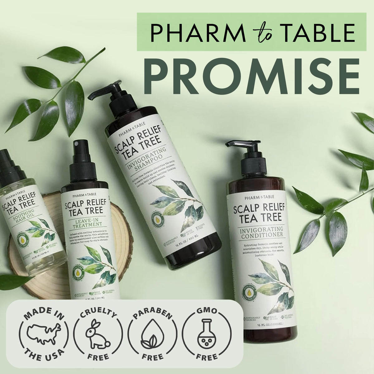 PHARM TO TABLE tea tree oil dropper highlighting natural ingredient for scalp refresh