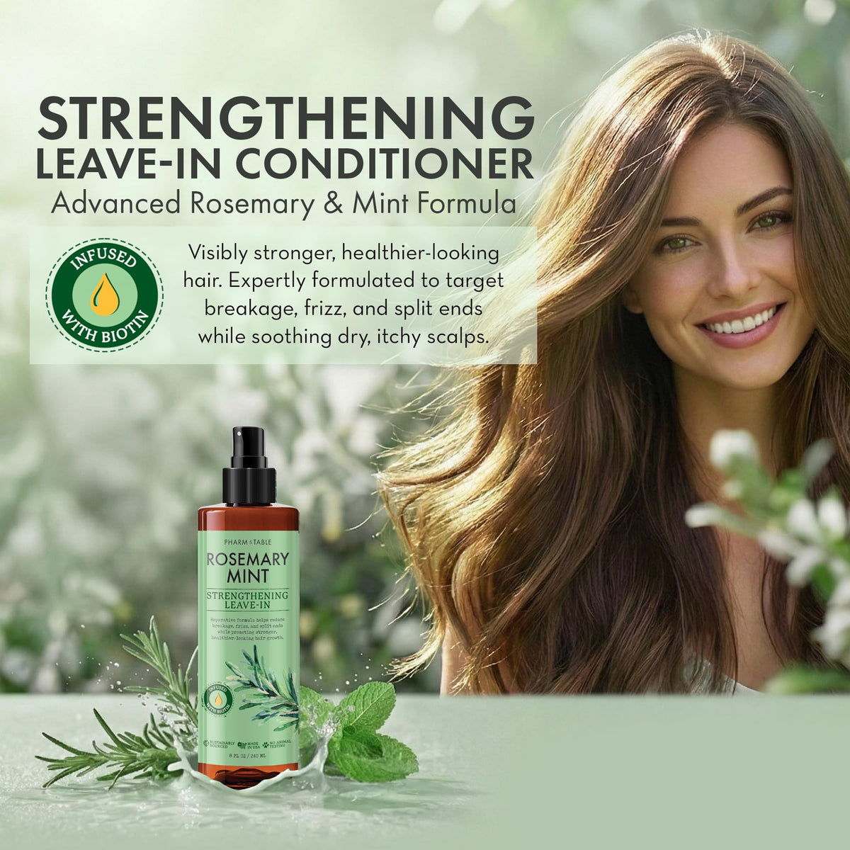PHARM TO TABLE label close-up highlighting rosemary and mint for fresh scalp sensation