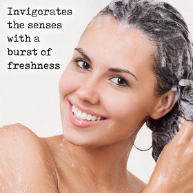 PHARM TO TABLE shampoo in hand demonstrating application and scalp refresh benefit