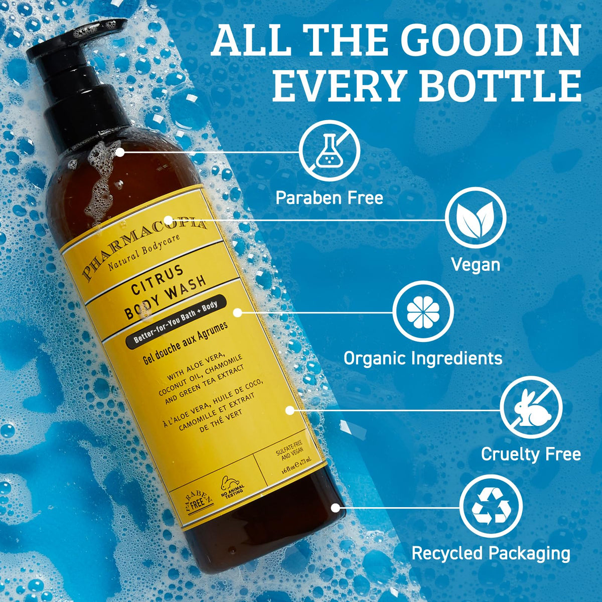 Pharmacopia bottle beside a hand showing true 16 oz scale benefit