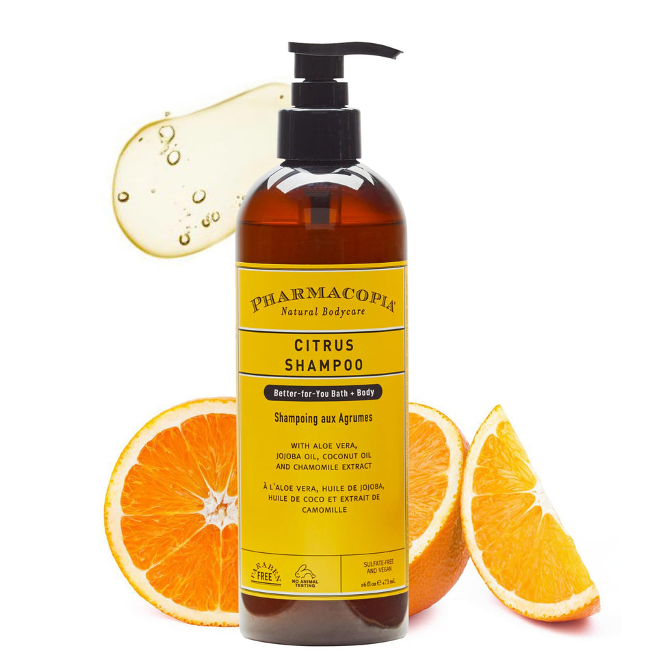 pharmacopia front bottle view showing citrus shampoo and clear labeling benefit: uplifting cleanse