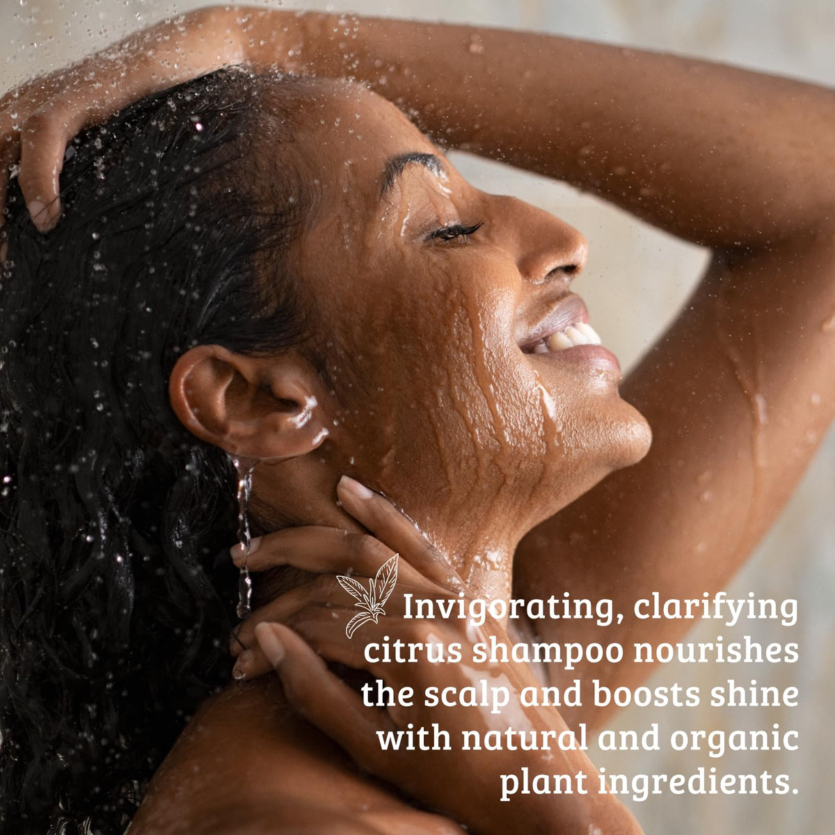 pharmacopia shampoo bottle on shower shelf with water droplets benefit: ready-to-use refreshing wash