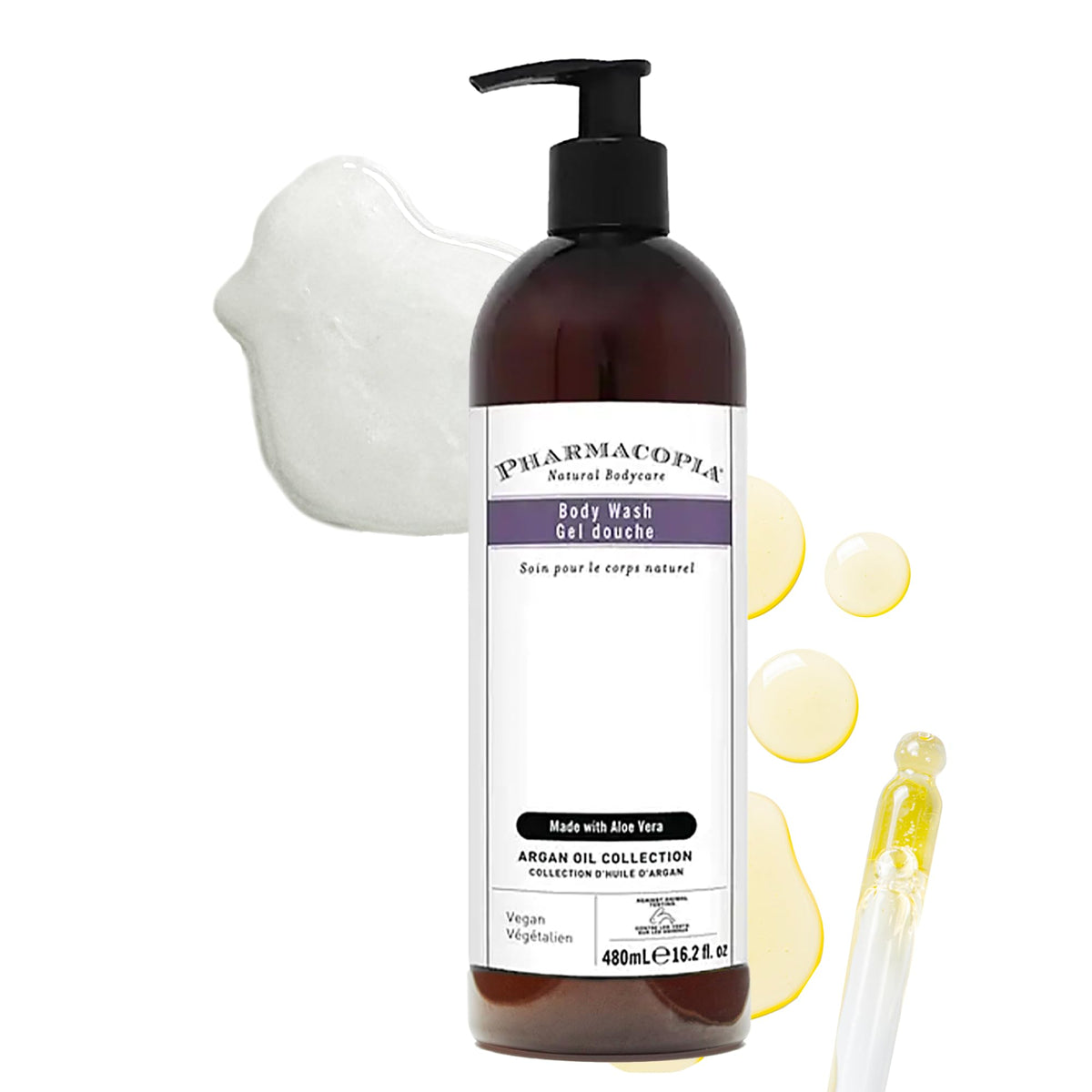 Pharmacopia front bottle view showing argan oil body wash moisturizing benefits