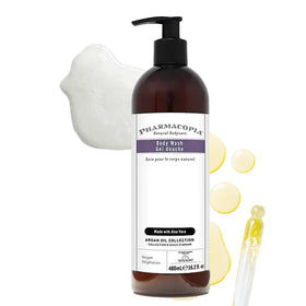 Pharmacopia front bottle view showing argan oil body wash moisturizing benefits