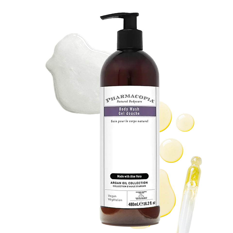 Pharmacopia front bottle view showing argan oil body wash moisturizing benefits