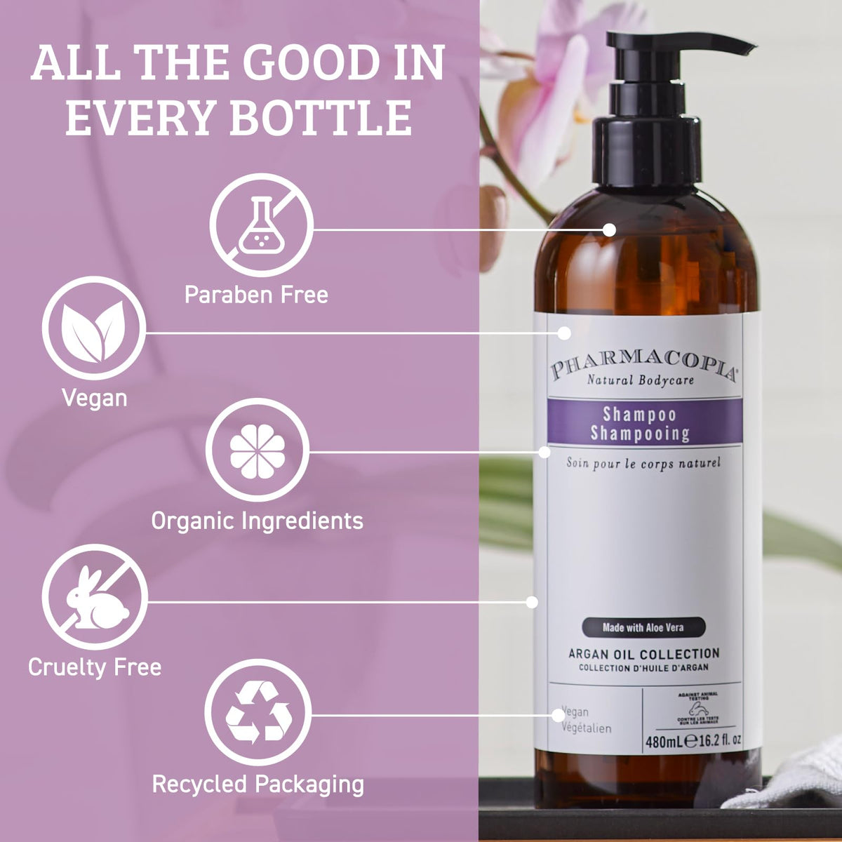 Pharmacopia shampoo poured to show argan-rich foam and gentle cleansing action