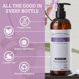 Pharmacopia shampoo poured to show argan-rich foam and gentle cleansing action