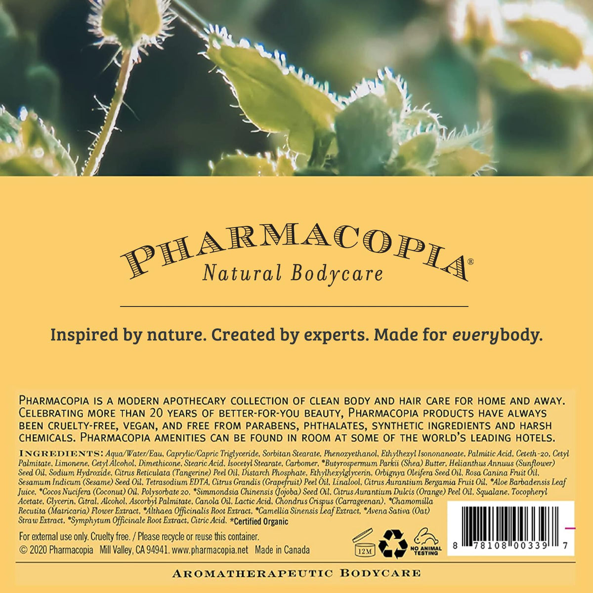 Pharmacopia recyclable PCR bottle label close-up emphasizing eco-friendly packaging
