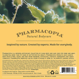 Pharmacopia recyclable PCR bottle label close-up emphasizing eco-friendly packaging